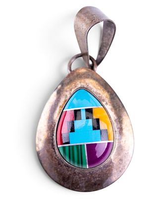 Native American Pendant Inlaid Stones in Sterling. Sterling silver Native American pendant 