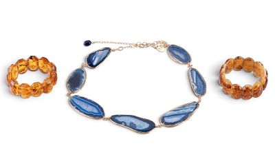 Geode Necklace and Bracelets. Blue geode style stone necklace and lucite stretch bracelets with 