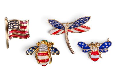 Joan Rivers Bee Pins and more. Two patriotic Joan Rivers bumble bee pins, a dragonfly pin, and a 