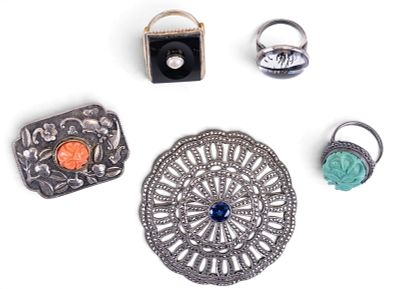 Antique Sterling Jewelry. Large sterling silver and marcasite brooch with blue stone and a 