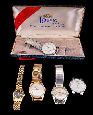 Vintage Wrist Watches. Includes a Louvic deluxe mystery hand watch, Helbros Invisible, Gruen 