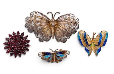 Antique Silver Butterfly Brooches. Large .800 silver butterfly brooch and 2 silver and enamel 