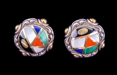 Sterling Silver and 18k Asch Grossbardt Earrings. Vintage Asch Grossbardt domed button earrings 