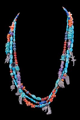 Native American Multi-Gemstone Fetish Necklace. Southwestern Native American triple strand 