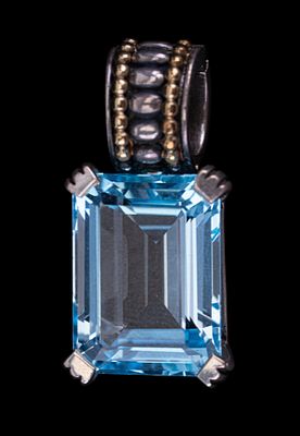Sterling Silver and 18K Yellow Gold Lagos Pendant. LAGOS Caviar emerald cut swill blue topaz 