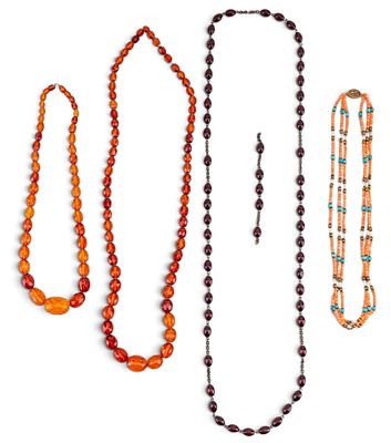 4 Necklaces of Coral, Amber, and Resin. 2 vintage Baltic amber bead necklaces (one on a clear 