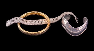 3 Sterling Silver Mexican and Italian Bracelets. Sculptural wave cuff bracelet, Taxco, Mexico 