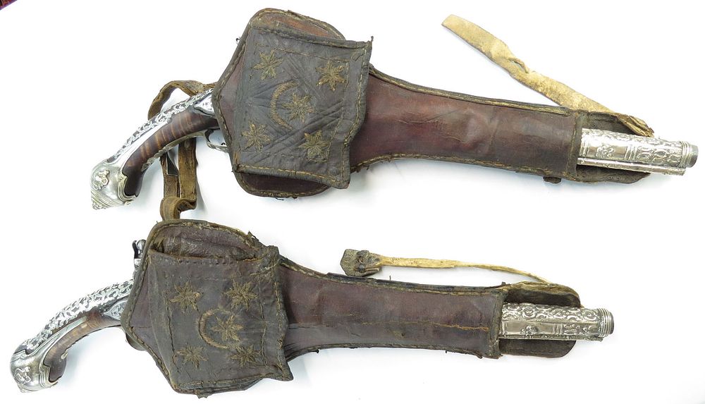 Lot 154: A FINE PAIR OF OTTOMAN KUBUR PISTOLS & HOLSTERS