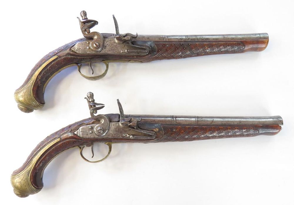 Lot 160: A PAIR OF ITALIAN FLINTLOCK PISTOLS