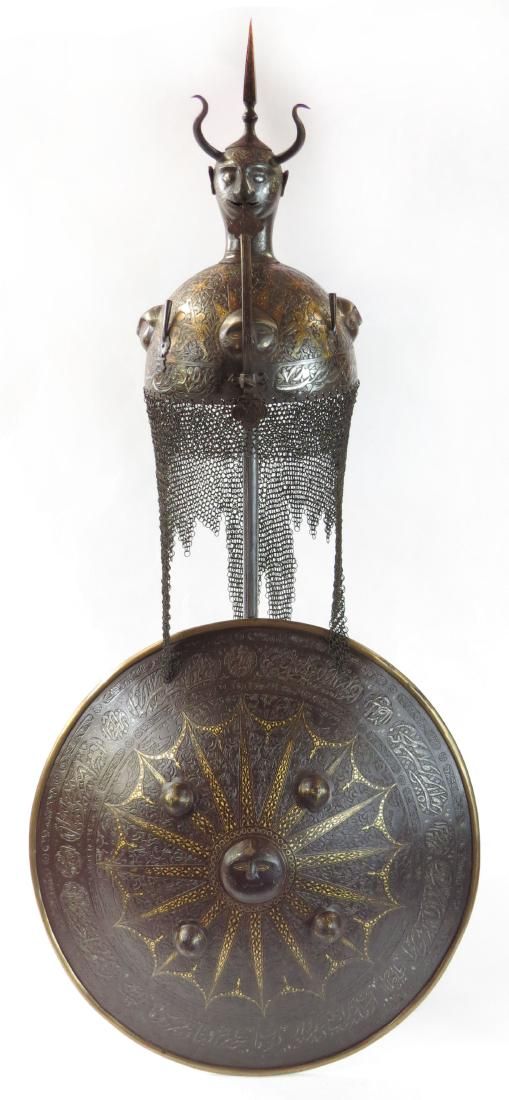 Lot 227: A FINE PERSIAN HELMET AND SHIELD SET
