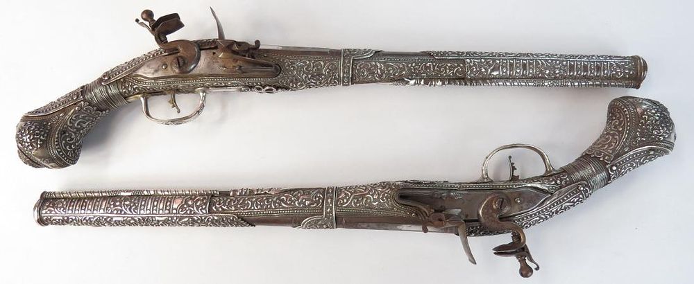 Lot 369: A FINE PAIR OF OTTOMAN KUBUR FLINTLOCK PISTOLS
