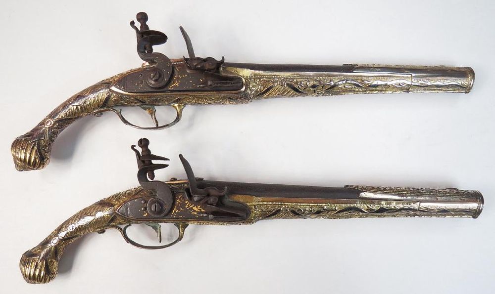Lot 414: A PAIR OF GREEK KOMPOURA FLINTLOCK PISTOLS