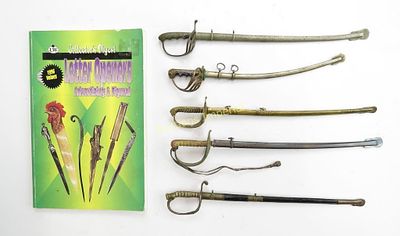 FIVE MINIATURE SWORDS AND COLLECTORS GUIDE. A collection of rare, well-detailed miniature 