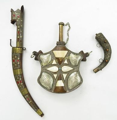 THREE NORTH AFRICAN PIECES. Comprising a nimcha dagger with inlaid wood mounts, a large inlaid 