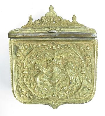A BALKAN PALASKA CARTRIDGE BOX. Greek or Albanian, of bronze wrought with a pair of rampant 