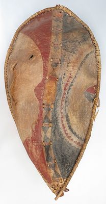 A RARE MAASAI SHIELD. Of an earlier form than typically encountered, made of hide laced to a 