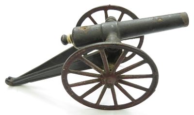 A BLACK POWDER CANNON. A well-made example with lacquered steel barrel. On its steel carriage 