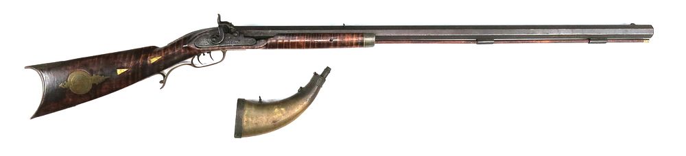 Lot 71: A RARE PERCUSSION TARGET RIFLE AND POWDERHORN