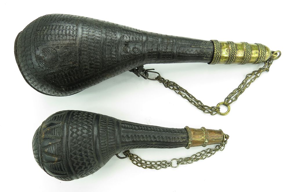 Lot 342: TWO AFGHAN BARUTDAN POWDERFLASKS