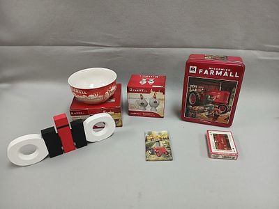 McCormick Farmall Decor. Includes pottery bowl, still in the box salt and pepper shakers, tin 