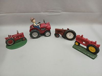 Massey Harris Book Ends, Clock, Tractor. Includes 2 book ends, clock, ceramic tractor