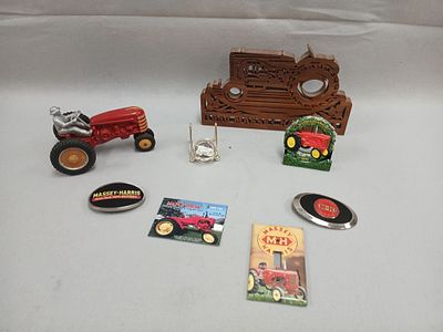 Massey Harris Toy Tractor, Belt Buckle, Coin. Include 2 Massey Harris Farm Equipment, Belt 