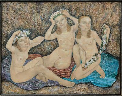 Метелёва Анна, &laquo;Плетение венков&raquo;, 2000 г.
. Холст, масло. Размер 70 х 90 см. 
Сохранность: 