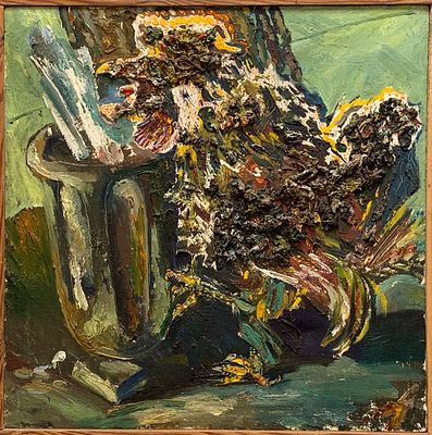 Андрианов Алексей. Петух, клюющий газету Правда. 1988 г. Холст, масло. Размер 56 х 56 см. 