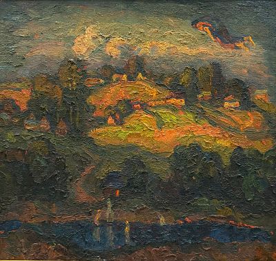 Орлов Игорь Михайлович, "Пейзаж с парящей фигурой", 1995г. Оргалит, масло. Размер 41,5 х 44 