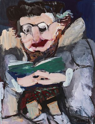 Зинштейн Арон Иосифович, "Зачитавшаяся", 1994г. Бумага, гуашь. Размер 62,5 &times; 49 см. 
Справа 