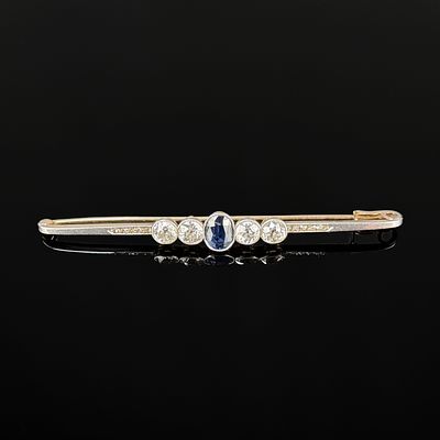 Sapphire diamond bar brooch, 585/14k yellow gold (hallmarked) and platinum overlay (tested) 