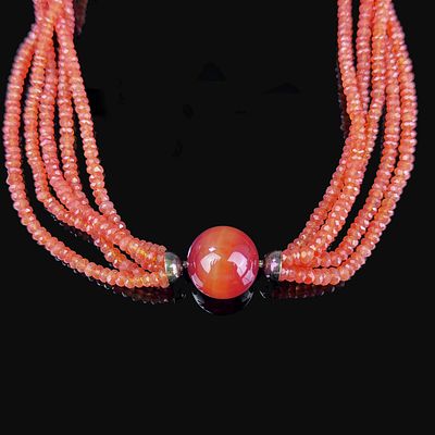 Feueropal Collier, 585/14K Gelbgoldschlie&szlig;e (punziert), 5 Schn&uuml;re mit geschliffenen kleinen Feuerop