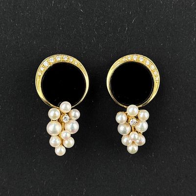 Paar Onyx Perl Ohrstecker, 750/18k Gelbgold (punziert), Gesamtgewicht 12,1g, schwarze, runde Onyxpl
