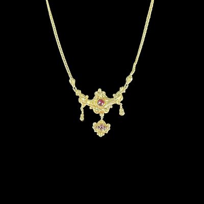 Antikes Collier mit Granaten, Abh&auml;ngung ca. 11K Gelbgold (getestet), Kette ca. 585/14K Gelbgold (ge