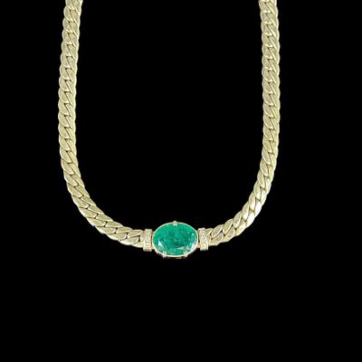 Smaragd Collier, 585/14K Gelbgold (punziert), Gesamtgewicht 81,74g, mittig facettierter ovaler Smar