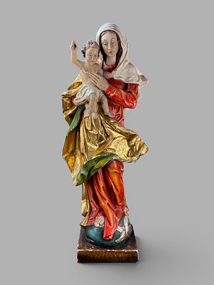 Madonna mit Kind, Holzskulptur, vollrund geschnitzt, farbig gefasst und teilvergoldet, auf Vierecks