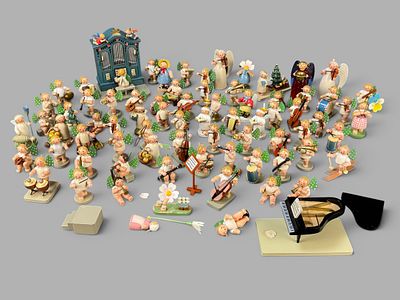 Engelsorchester und weitere Figuren, Wendt und K&uuml;hn, insgesamt 73 St&uuml;ck, Erzgebirge, Holz, farbig b