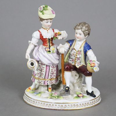 Pair of children as gardeners - underglaze blue Frankenthal mark with CT under electoral hat 