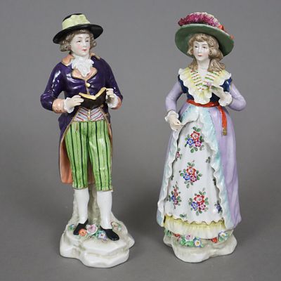 Pair of figures - underglaze blue Frankenthal mark with CT under electoral hat, porcelain 