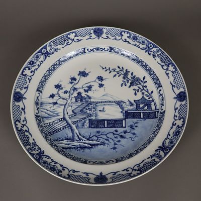 Round Plate with Chinoiserie Decor - Porcelain, underglaze blue decor, in the center landscape 