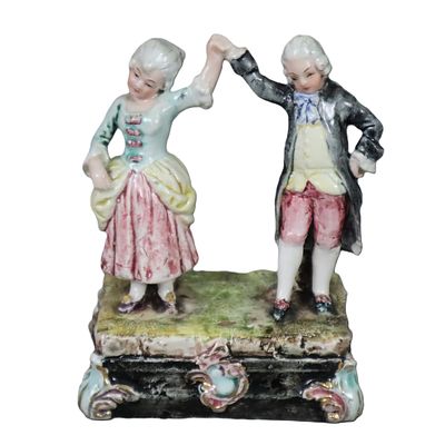 Antique ceramic figure "Rococo Couple" - painted in color, bottom with impressed numbers "9 / 