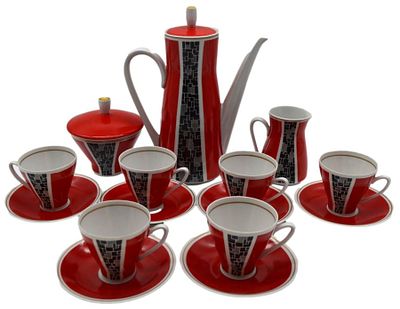 Mokkaservice. f&uuml;r sechs Personen, 15 Teile, rot/schwarzes Dekor, 50er Jahre Ostblock