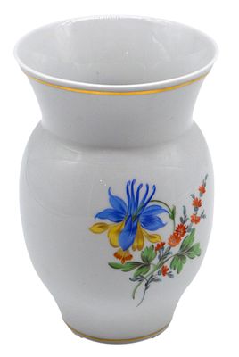 Vase. gold verziert, leicht gebaucht, Wandung mit bunter Feldblumenbemalung, H 14 cm, blaue 