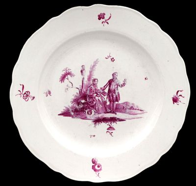 Teller. rund, Rand und Spiegel mit roter Bl&uuml;ten- und Landschaftsbemalung, gewellter Rand, Dm 24 