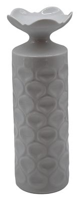 Vase. rund, schmale Form, Wandung gedr&uuml;ckt, mit verzierter &Ouml;ffnung, wei&szlig; glasiert, blaue 