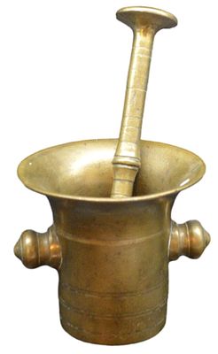 M&ouml;rser. Messing, rund, mit St&ouml;&szlig;el, H 21 cm, 1. H&auml;lfte 19.Jh.