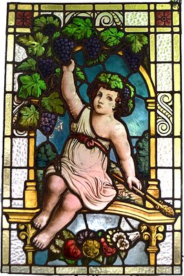 Bleiverglasung. M&auml;dchen mit Trauben, 60 x 95 cm, um 1900