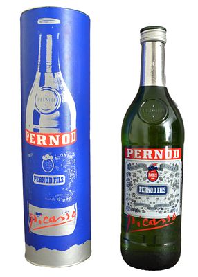 Pernod - Sonderedition Picasso. eine Flasche Pernod Fils, im original Karton, Flasche r&uuml;ckseitig 