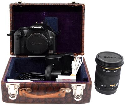 Canon EOS 450D. Kamera mit Zubeh&ouml;r, ein Objektiv Sigma DC 18-50 mm 1 : 2,8 EX Macro, FM Canon