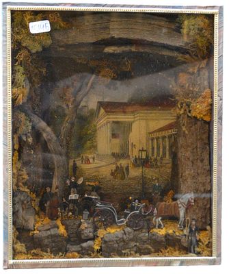 Diorama. dreidimensionaler Schaukasten, vornehme Gesellschaft vor einem Schloss, mit Hauskonzert 
